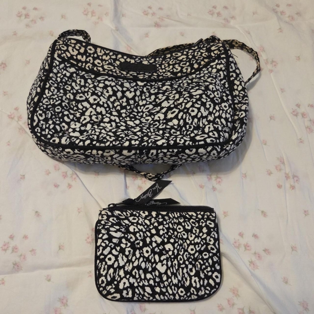 Vera Bradley small crossbody bag in black and white Camocat print with card case